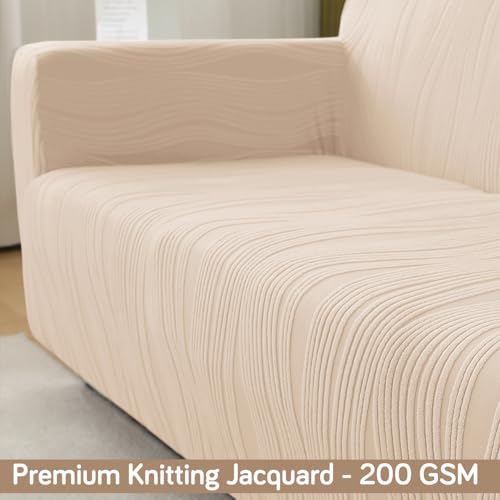Image of HOKIPO 200 GSM Premium Knitting Jacquard Sofa Cover 3 Seater Fully Covered, 'Nestiva Series' Skimmed Cream (NEW2-AR-5309-CRM)