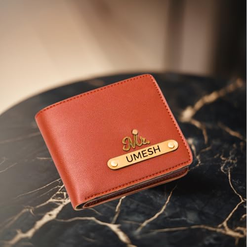 Image of ncgifts Men's Customized Wallet I Personalised Slim Stylish Leather Purse with Name & Charm I Unique Birthday Anniversary Gift for Men Boy Love Husband Employees Clients (Tan)