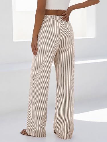 BTFBM Striped Wide Leg Pants for Women Spring Summer 2026 Drawstring Lounge PJ Beach Bottoms Casual Trousers Pockets(Brown, XX-Large) — view 3