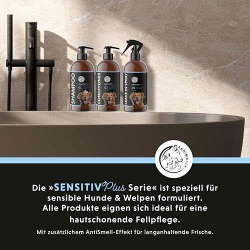 Annimally Sensitiv Plus Pflegeset - Natürliches Hundeshampoo, Conditioner & Leave-In Spray für sensilbe Hunde & Welpen, ph-neutral, ohne Silikone, Parabene & künstliche Duftstoffe - je 500 ml