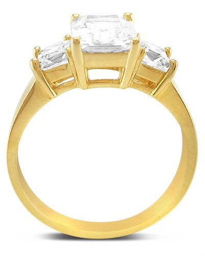 Size 7 - Solid 14K Yellow Gold 3 Three Stone Emerald-Cut/Shape Solitaire With Princess Cut Side Stones Highest Quality Cz Cubic Zirconia Engagement Ring 2.5Ct. #TOP3