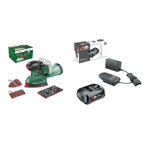 Bosch Akku-Schleifer UniversalSander 18V-10 (ohne Akku; 18 Volt System; 32x Schleifpapier; im Karton) – Amazon Edition + Bosch 18V Akku und Ladegerät 2.5Ah (18V Starter Set, POWER FOR ALL)