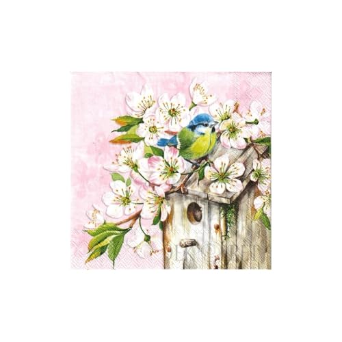 Set of 2 Individual Decoupage Paper Party Napkin Birdhouse Bird Blossoms Watercolor Decor Luncheon Napkins for a Birthday Holiday, Wedding, Cocktail Party
