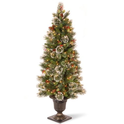 National Tree 5 Foot Wintry Pine Entrance Tree with Cones, Red Berries, Snowflakes