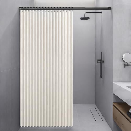 Momooda Rideau de Douche Pliable Aimantée en Lin - Anti-Moisissure, Imperméable, Anti-Éclaboussures, Fermeture Rapide - Beige, 100x200cm
