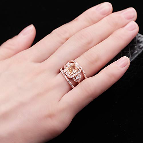 Uloveido 3pcs Rose Gold Plated Emerald Cut Orange AAA Cubic Zirconia 3-Stone Cross Engagement Wedding Rings Set Gift (Size 6 7 8 9 10) Y4342