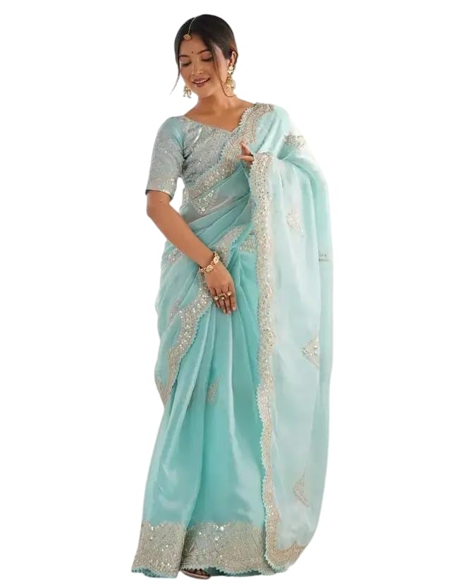 Women's Tissue Organza Soft Silk Embroidered Saree With Unstitched Blouse