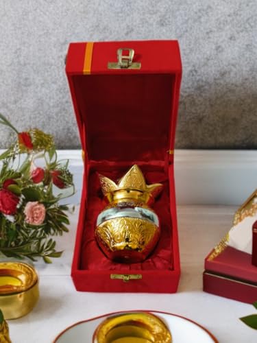 Image of Traditional Brass Kalash, Gold and Silver Finish, Decorative Pooja Vessel with Engraved Design, 5 Inch