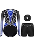 dPois Maillot Brillante De Gimnasia Rítmica para Niñas Leotardo Manga Larga con Leggings Cortos Elásticos Mono De Deportivo Azul 11-12 años