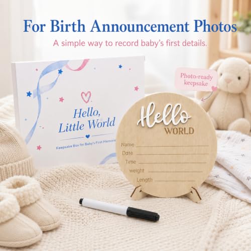 Image of Hello World Baby Announcement Sign Newborn Welcome Plaque Box Set