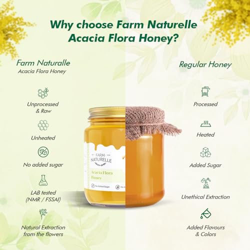 Image of Farm Naturelle Raw Acacia Honey 1kg| Glass Bottle | 100% Pure Unprocessed & Natural Honey | Ayurvedic & Rich in Vitamins and Minerals | Helps Boost Immunity