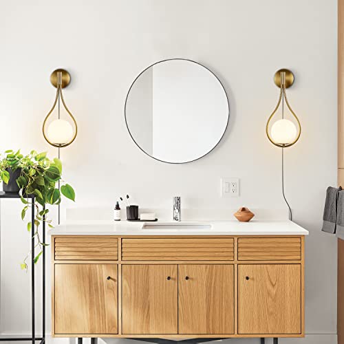 Image of KCO Lighting Plug in Mid Century Modern Brass Gold Teardrop Wall Sconce | E26 Bulb Included, Cord with ON /OFF Switch, 5.9 inch White Milk Glass Wall Light for Bathroom Bedroom Kitchen Hallway Living Room