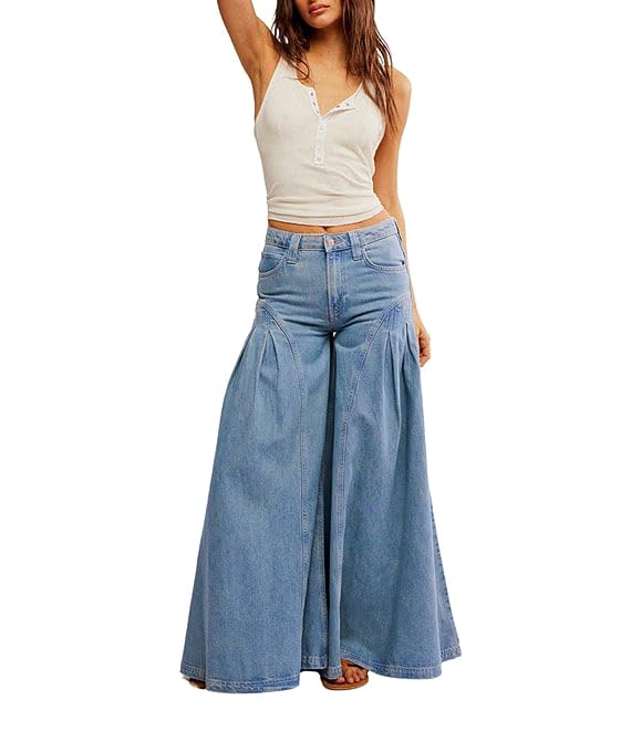 Women Bell Bottom Jeans High Waist Stretch Wide Leg Baggy Flared Pleated Vintage Casual Loose Denim Pants2