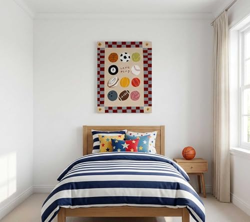 Image of Let's Play Sports Balls Canvas Wall Art, Funny Sports Nursery Painting Picture Wall Decor, Cute Boho Neutral Kids Playroom Poster Print Artwork, for Playroom, Nursery Home Decoration, 16x24in Framed