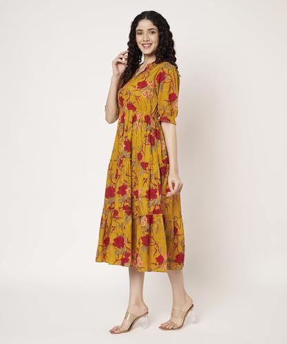 Image of PIDAVLIYA'S Women's Cotton Floral Printed Midi Dress | V-Neck Fit & Flare Dress with Puff Sleeves | Casual Summer Wear