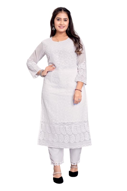 Image of IMPEX Hand Embroidered Chikankari Georgette Kurta for Women