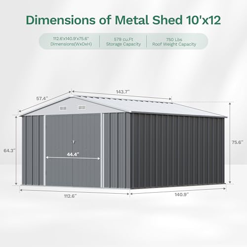 Image of Devoko 10x12 FT Outdoor Storage Shed with Galvanized Steel Floor Base, Metal Tool Shed with Slooping Roof for Garden Backyard Patio(Gray)