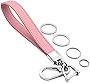 INFIPAR Car Fob Key Chain Genuine Leather Wristlet Strap Keychains Holder for Men and Women, 360 Degree Rotatable, with Anti-Lost D-Ring, Carabiner Clip and 4pcs Key Rings, Pink