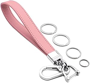 INFIPAR Car Fob Key Chain Genuine Leather Wristlet Strap Keychains Holder for Men and Women, 360 Degree Rotatable, with Anti-Lost D-Ring, Carabiner Clip and 4pcs Key Rings, Pink