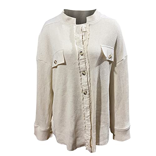 2022 Jackets For Women, Oversized Button Down Long Sleeve Shirts Waffle Knit Tops Fashion Blouses Dressy Business Casual Ladies Plus Size Loose Fit Corduroy Shacket With Pockets(A Beige,Xx-Large) #TOP3