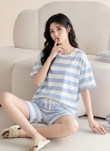 Image of SMOWKLY Women Korean Shorts Pajama Set |Summer Night Top & Shorts Dress |Cotton Blend Nightwear Set Top & Shorts Sleepwear Lounge Wear Soft Comfortable Night Suit Ladies | Co-Ord Home Wear Set