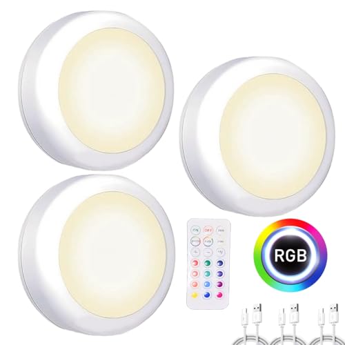 Set of 3 Rechargeable Wireless Push Puck Lights with Remote Control, 13 RGB Stick-On Under Cabinet Kitchen Lights, Stick On Wall Lights for Kitchen Cabinets and Shelves, Push Lights for Home & Kitchen