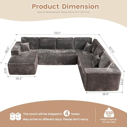 Image of HOOOWOOO Cloud Sectional Couches for Living Room,Modular Sectional Sofa No Assembly,133X108 Inch Plush Corduroy Large U Shaped Floor Couch Set with Deep Seat Left Chaise(Gray)