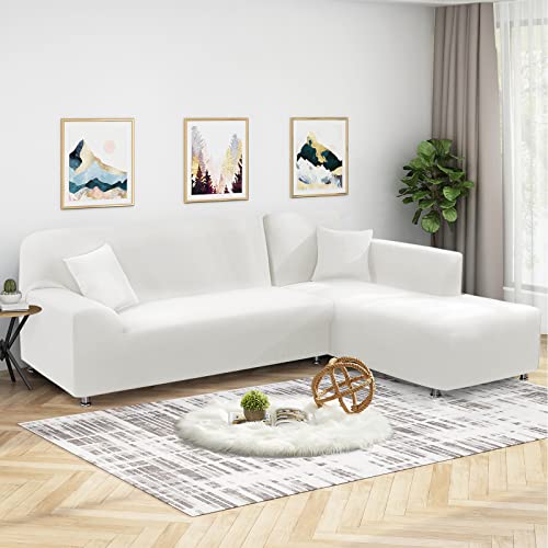 Sectional Couch Covers L Shape Sofa Covers Super Stretch 2Pcs Sofa Slipcovers For 3 + 3 Seaters Sectional Chaise Slipcover With 2Pcs Pillow Covers For Pets Kids, White #TOP4