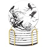 6Pcs Halloween Coasters with Holder Silhouette Tree Crows Drink Coasters Branches Black Ceramic Cup Mats for Party Home Office Table Decor