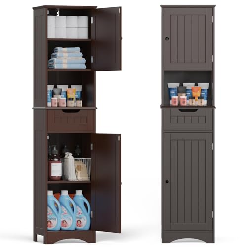 Gizoon 67" H Tall Bathroom Cabinet, Storage Cabinet with 2 Doors & Drawer, Narrow Linen Tower Freestanding Adjustable Shelves for Home, Kitchen, Versatile, Anti-Tipping, Dark Brown | Tall, 2