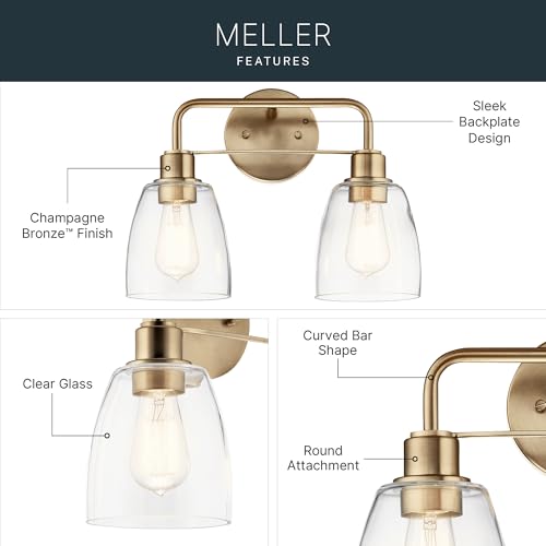 Image of Kichler Meller 2-Light Bathroom Vanity Light, Champagne Bronze | Industrial vanity light with clear glass for bathroom mirrors (11.25 inch x 7 inch x 5.5 inch), 55101CPZ