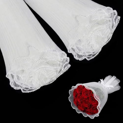 QMNWJMR 2PCS 4.37 Yards White Flower Wrapping Mesh Paper Pearl Edge Bouquet Packaging Paper Wrinkled Translucent Pleated Polyester for Wedding Decor Florist Supplies Gift Packaging