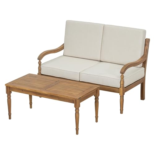 Christopher Knight Home Lina Patio Acacia Wood Conversation Set, Outdoor Loveseat with Coffee Table, Outdoor Chat Set Seating Group, 2 Piece Sofa Seating Group with Cushions, Beige + Natural by Christopher Knight Home - Image 2