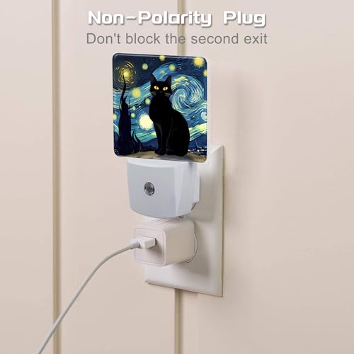 Image of Starry Night Black Cat Night Light Plug into Wall, Abstract Oil Painting Dusk to Dawn Night Light Plug in,0.5w Energy Saving Sleep Friendly NightLight for Kids Boys Girls Home Decor
