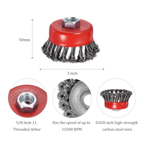 Image of 2 Pcs Twisted Knotted Wire Cup Brush for Angle Grinder - [3 Inch] for Paint Stripping Cleaning Rust Duty Abrasive, 5 /8 Inch-11 Threaded Arbor, .020 Carbon Steel Wire, Red