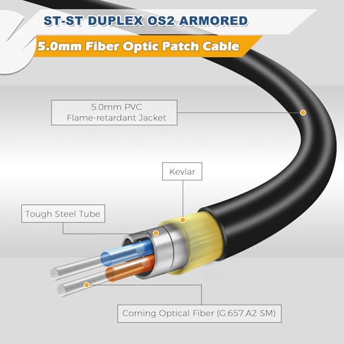 Image of 15ft / 5m Armored OD-5mm OS2 ST to ST Single Mode Fiber Cable, ST-ST Fiber Optic Patch Cord, Duplex 9 /125um SMF Optical Jumper, Black