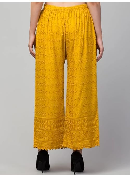 Image of Women's Palazzo Pants Rayon Trousers Chikankari Embroidered Lace Trim Wide Leg Straight Fit Flared Palazzo for Girls & Women
