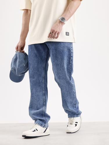 Image of WROGN Men's Mid-Rise Jeans | 100% Cotton | Anti-Fit Relaxed Silhouette