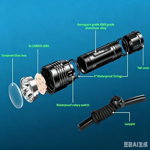 Wurkkos lampe de plongée, 3600 lumens lampe de plongée rechargeable, IPX8 étanche, 3* CRI 90 LED lampe de poche sous-marine avec et chargeur – vue 8
