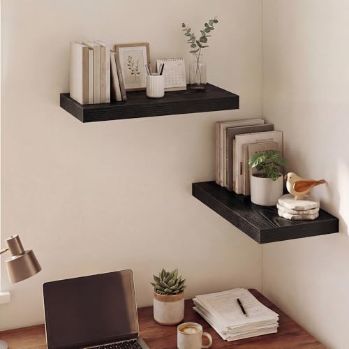 Image of Dreamland 20 Inches Floating Shelves for Wall, 9.3 inch Deep Long Floating Shelves Set of 2, Large Display & Storage Shelf, Wall Shelf for Bathroom Bedroom Living Room Kitchen Office, Black