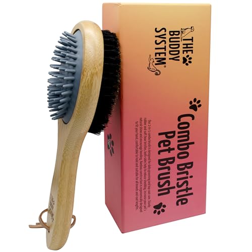 The Buddy System Combo Bristle Pet Brush 2-in-1 Brush Durable Rubber Side and Soft Boar Bristle Side - All Pets and Coat Lengths - Top Coat Massage for Cats & Dogs - 1 Pack