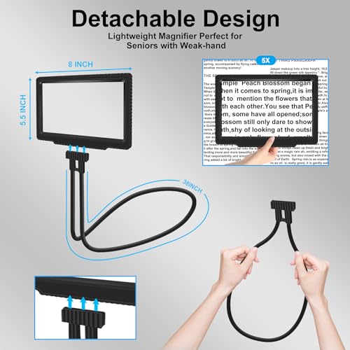5X Magnifying Glass for Reading Hands Free, Large Full Page Magnifier, Neck Wear Magnifying Glass for Seniors,Repair,Sewing,Low Vision,Cross Stitch, Book Lover