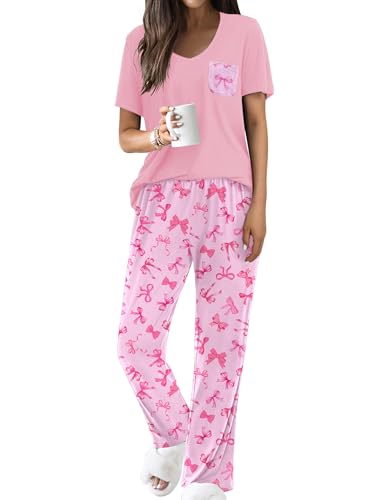 Image of Ekouaer Pajama Sets for Women 2 Piece Short Sleeve Pj V Neck Chest Pocket | Ladies Pajama Sets with Printed Long Pants, Soft Matching Pj Sleepwear, Casual Loose Fall Loungewear, S-XXL