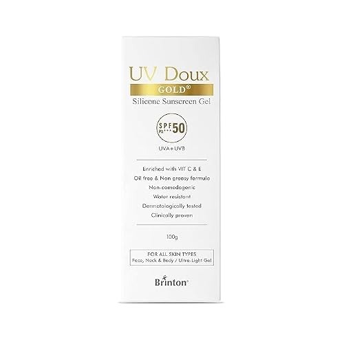 UV Doux Gold Silicone Sunscreen Gel SPF 50 PA+++ | India’s No.1 Dermatologist Recommended Brand | In-vitro, In-Vivo Tested | Vitamin C & E |UVA/UVB protection| Anti-Aging| Benzene-Free| 100 g