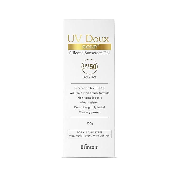 Brinton UV Doux Gold Silicone Sunscreen Gel SPF 50 PA+++ With Vitamin C&E|Clinically Tested,Water Resistant&Non- Greasy|UVA/UVB Protection Against UVA/UVB Rays| For All Skin Types,100 Gm (Pack Of 1)-picture-11