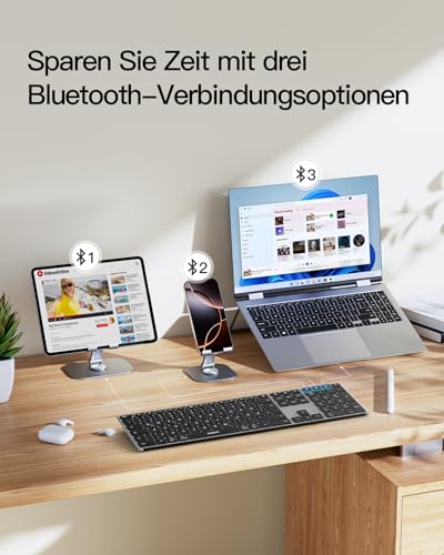 Inateck Kabellose Tastatur,KI-Funktion Bluetooth Tastatur mit 3 Bluetooth Kanälen,Deutsches QWERTZ Layout,Leise Tasten, Kompatibel mit iPadOS Android, Windows,KB06007