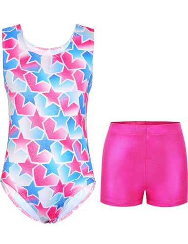 Kirinkylin Leotards for Girls 10-12 Years Old Sleeveless Gymnastics Bodysuits Shiny Purple Blue Star Gym Leos with Shorts