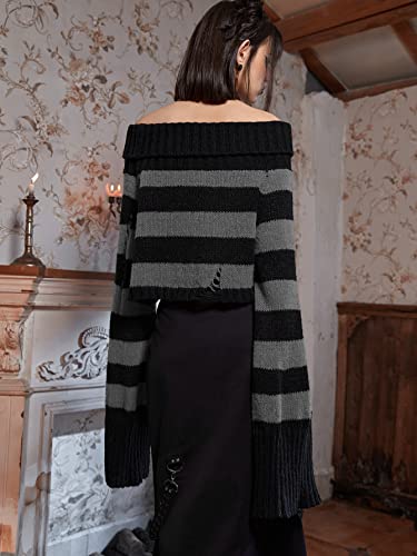 Women's Sweater Striped Drop Shoulder Ripped Sweater Sweater for Women (Color : Gray, Size : Large)2