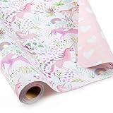 Garbendy Pink Unicorn Wrapping Paper- Mini Roll - 17 InchX 32.8 Feet - Colorful Plants Florals, Pink Heart Reversible Girls Gift Paper for Birthday, Baby Shower, Party, Holiday, Party