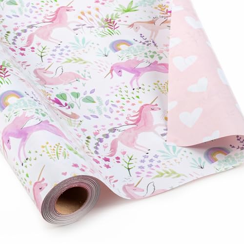 Garbendy Pink Unicorn Wrapping Paper Reversible- Mini Roll - 17 Inch x 16.5 Feet - Colorful Plants Florals Pink Heart Reversible Girls Gift Paper for Birthday Baby Shower Party Holiday Party